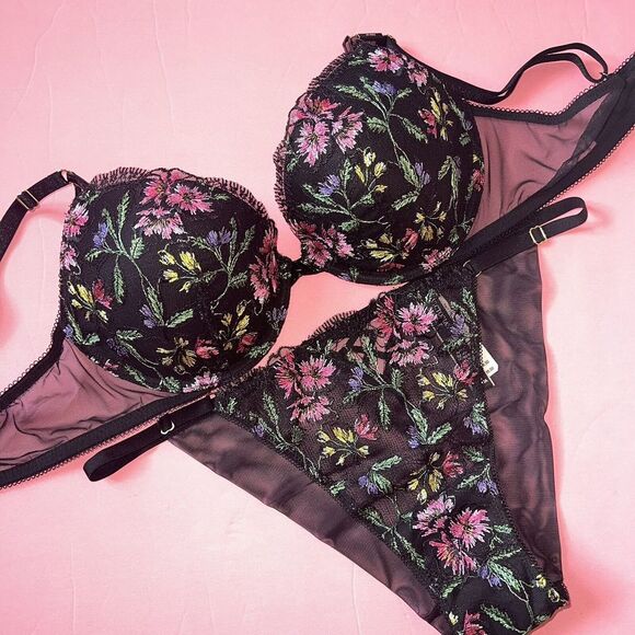 Victoria's Secret 34D,36D,36DD,36DDD BRA SET+L TEDDY BLACK Floral embroidered - Picture 2 of 11